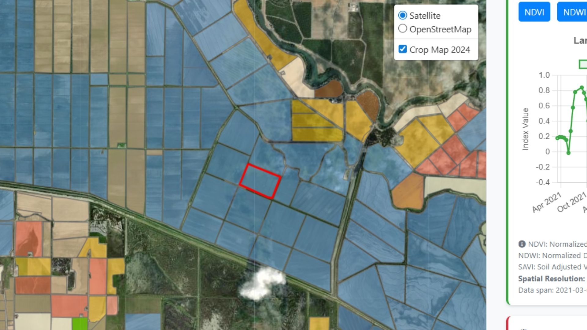 A crop-mapping geoportal: field boundaries coloured by crop type over satellite imagery, with an NDVI time series for the selected field.