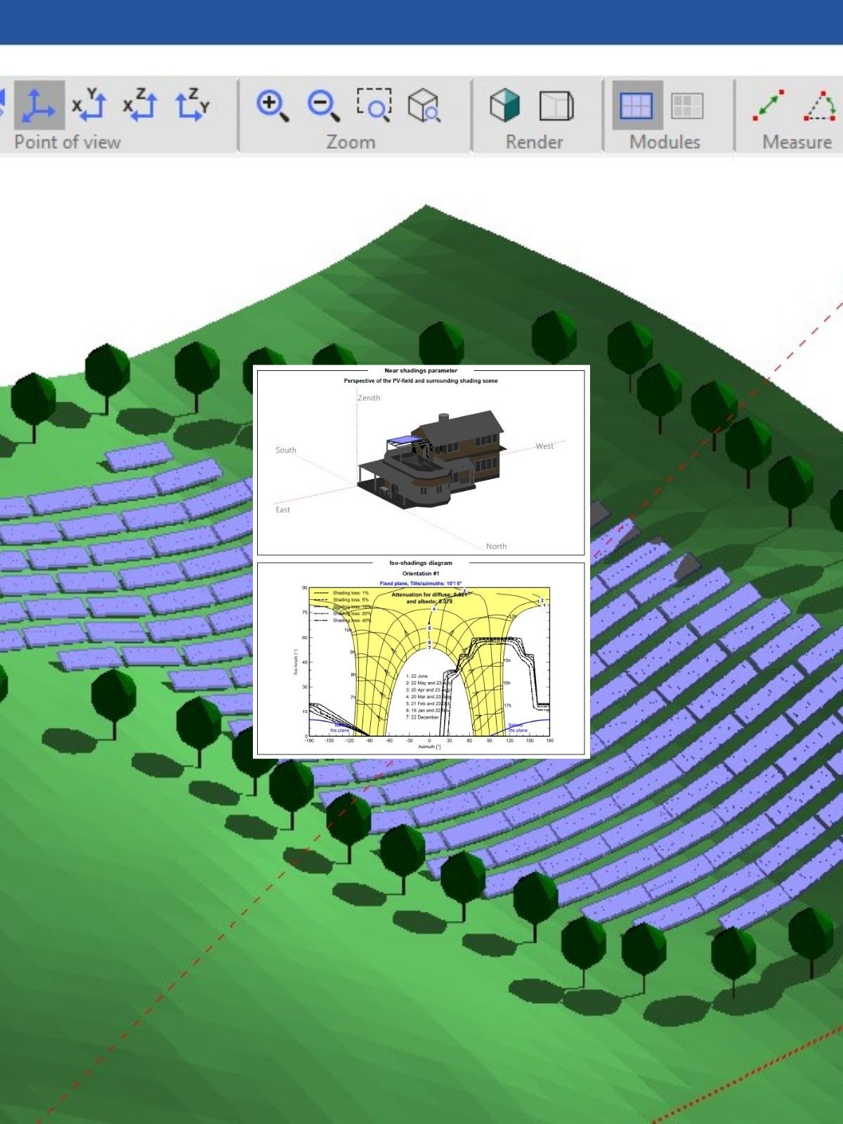 Terrain model of a hillside array showing row spacing, with an inset shading diagram.