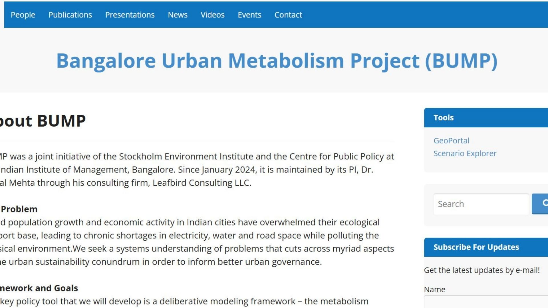 The Bangalore Urban Metabolism Project website, showing the project description and update sign-up.