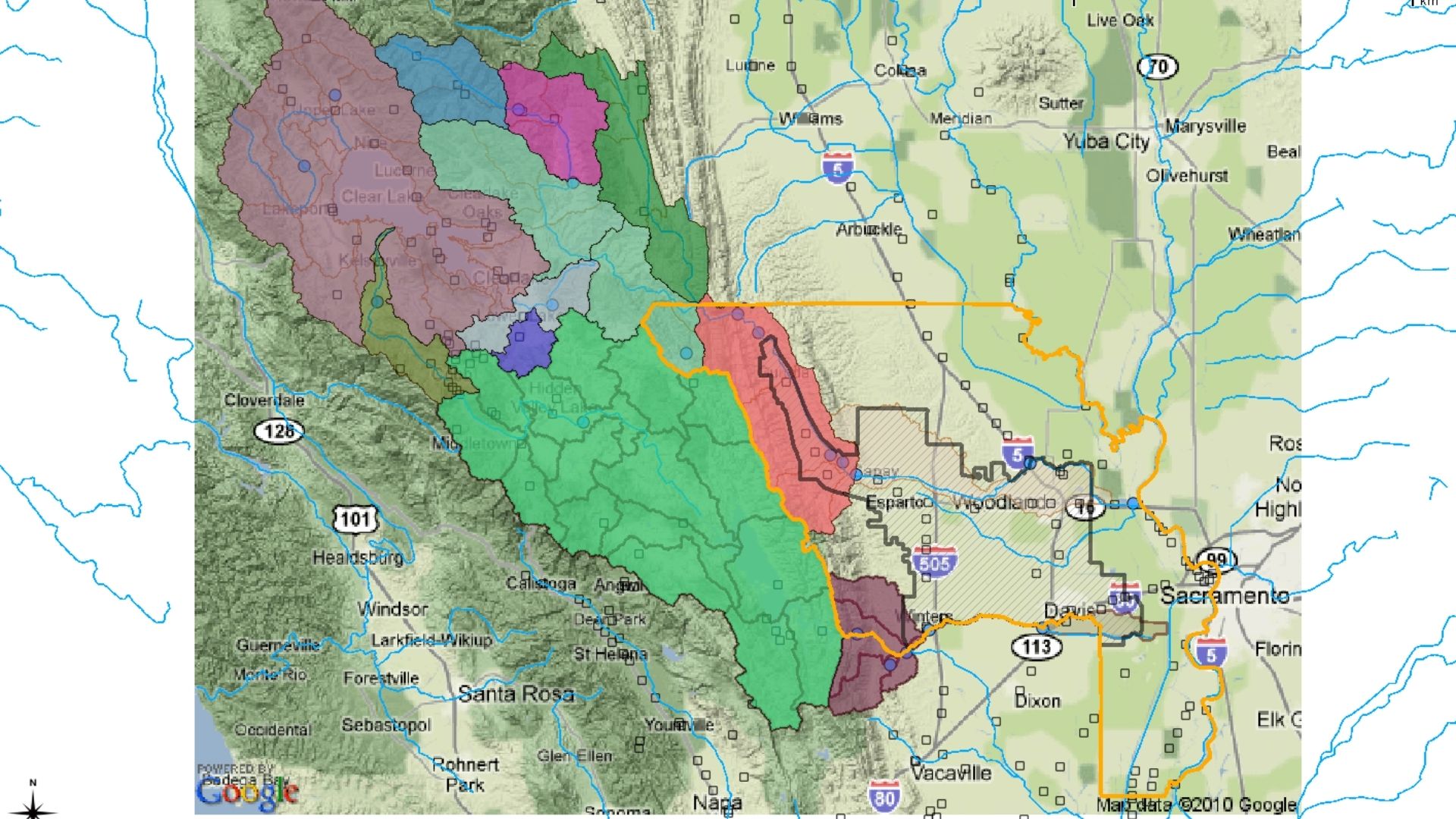 Map of the Yolo subbasin with modeled sub-areas shaded in colour.