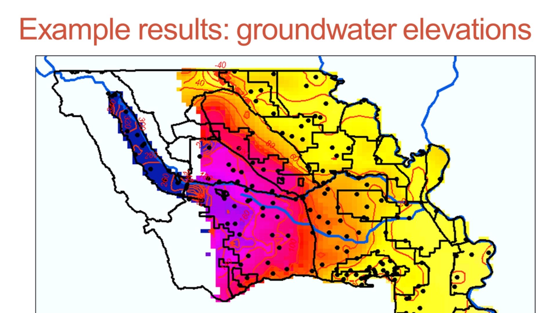 Modelled groundwater elevation surface across the Central Valley, graded from low to high.