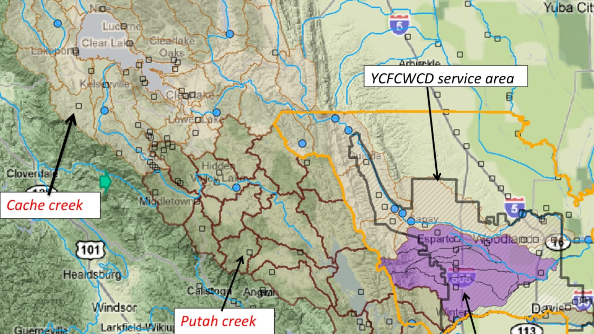 Map of the water conservation district service area, with Cache Creek and Putah Creek marked.